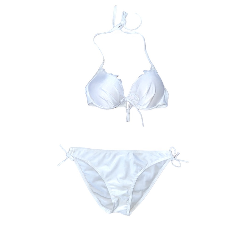 NWT white clamshell bikini supportive halter top & swim bottom set